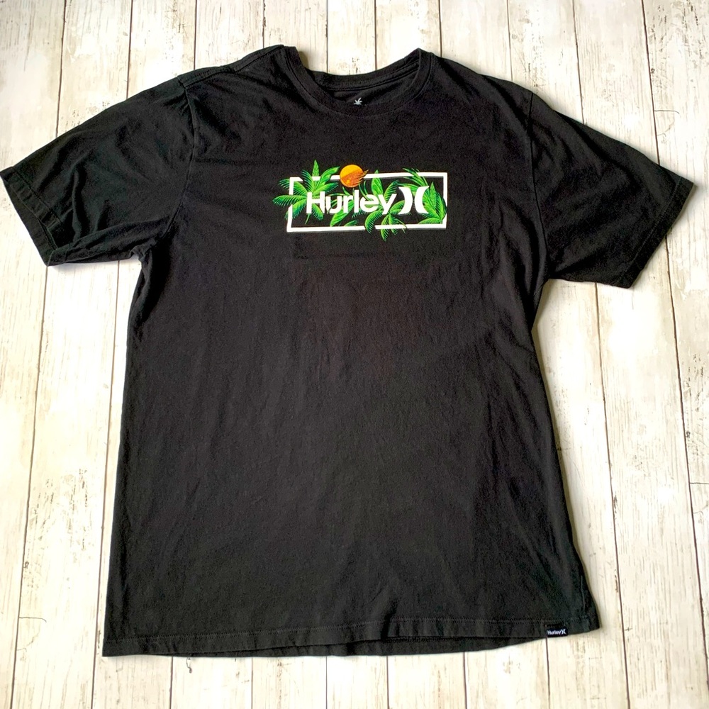 HURLEY SURF CO BLACK LARGE HAWAIIAN TROPICAL FLORAL LOGO TSHIRT MENS L Large